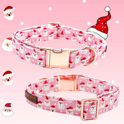 Dog Collar, Christmas Pink Santa Claus Cotton Pet Collar Bow Holiday Girl Boy Cute Puppy Collar Adjustable Pet Collar for X-Large Dogs