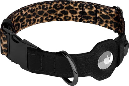 AirTag Dog Collar for Small Medium Large Breed - Adjustable Cute Pattern Dog Collar with Airtag Holder - Soft Leather Tracker GPS Apple Air Tag Pet Collars (X-Small, 9"-12" Neck Fit, Leopard)