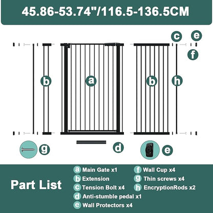 40.55" Tall, 45.86-53.74 Inch Wide, 1.37" Ultra Narrow Spacing Dog Pet Baby Gate Indoor for Doorway Hallway, Pressure Mounted 46 47 48 49 50 51 52 53 Inches Wide Black