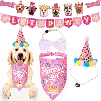 Happy Girl Dog Puppy Doggy Pet Birthday Burthday Party Supplies Hat Bandana Decorations Lets Pawty Banner Decor Dog Bowtie Gifts Outfit Stuff Accessories for Small Medium Large Dogs