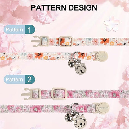 Lionet Paws 2pcs Pack Cotton Cat Collar,Breakaway Buckle with Floral Pattern and Brand Pendant Cute Adjustable Cat Kitten Collar,Ideal for Girl Cats