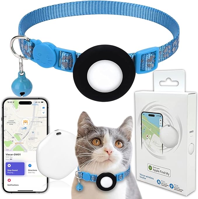 GPS Tracker for Cats, Mini GPS Pet Tracker with Collar, IPX8 Waterproof Cat Trackers Collar,No Monthly Fee,Work with Apple Find My(iOS Only),Smart Trackers for Pets-Blue-5
