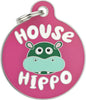 Bad Tags Personalized Dog and Cat ID Tags in 25+ Designs and 2 Sizes - 5 Lines of Custom Engraved Text - Funny Cute Personalized Pet Tags (House Hippo - Pink, Small (1 inch))