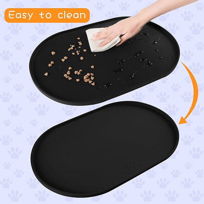 100% Waterproof 0.5" Raised Edge BPA Free Silicone Dog Food Mat, Pet Cat Feeding Mats Contain Spills Protects Floors, Placemats for Cats and Dogs Water Bowl Dishwasher. (Large/XL, Black)