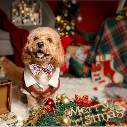 Dog Collar, Christmas Dog Collar Plaid Pet Collar Bow Holiday Bows Girl Boy Puppy Collar Adjustable Pet Collar for X-Large Dogs