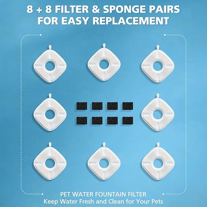 16 Pcs Cat Water Fountain Filters for Veken 95oz/2.8L, 67oz, 85oz, 135oz Dog Water Fountain Automatic Pet Fountain Dog Water Dispenser 8 Pcs Pet Fountain Filter Replacement & 8 Pcs Pre-Filter Sponges