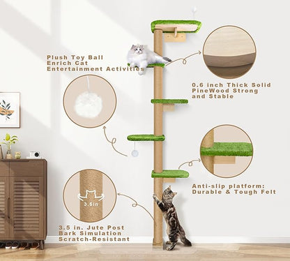 Floor to Ceiling Cat Tree for Kittens, Wall Mounted Cat Wall Furniture with Green Plush Pads, 5 Platform Wild Simulation Climbing Tower, Adjustable Height