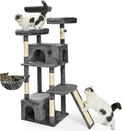 Amazon Basics Large Cat Tree Tower, Multi-Level Activity Center with 2 Large Condos, Multiple Sisal Scratching Posts and Hanging Pompoms, Gray, 68 Inches