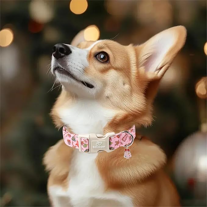 Christmas Dog Collar - Cute Pink Cozy Christmas Puppy Collar with Safety Buckle, Soft Adjustable Holiday Dog Collars for Small Medium Large Dogs XL