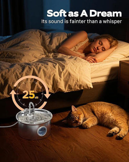 Stainless Steel Cat Water Fountain: Cat Fountain with 6 Filters + 3 Sponges - 88oz/2.6L Pet Water Fountain for Cats Inside - Silent Cats Water Bowl Dispenser - ATMZIQXR Kitty Drinking Fountains