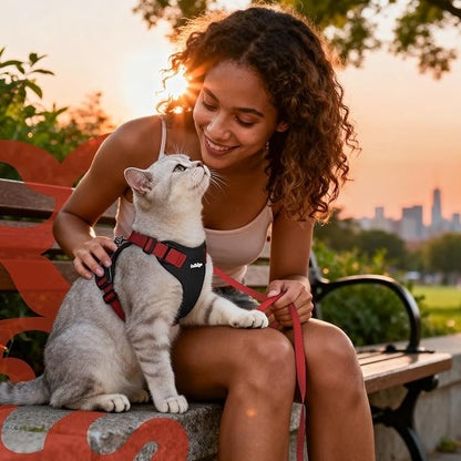rabbitgoo Cat Harness and Leash for Walking, Escape Proof Soft Adjustable Vest Harnesses for Cats, Easy Control Breathable Reflective Strips Jacket, Black & Red, XXS