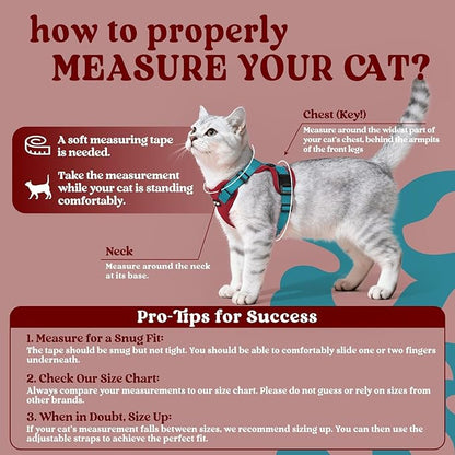 rabbitgoo Cat Harness and Leash for Walking, Escape Proof Soft Adjustable Vest Harnesses for Cats, Easy Control Breathable Reflective Strips Jacket, Red & Teal, M