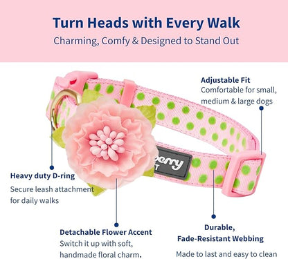 Blueberry Pet Adjustable Flocking Dog Collar with Silk Flower, Polka Dot in Baby Pink, Large - Dog Collars for Small Dogs, Girl Dog Collars, Pink Dog Collar, Neck 18-26"