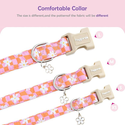 Faygarsle Floral Dog Collar, Pink and Orange Pattern with White Flowers, Spring Summer Design for Small Medium Large Dogs M