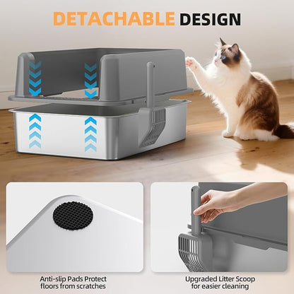 Enclosed Stainless Steel Cat Litter Box with Lid, XL Extra Large Litter Box for Big Cats, Metal Litter Pan High Sided, Never Absorbs Odors, Anti-Urine Leakage, Include Scoop (65-LightGray)