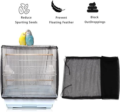 Bird Cage Cover, Parakeet Cage Acessories Adjustable Seed Catcher Birdcage Seed Catcher Birds Cage Netting Bird Cage Mesh Cover for Bird Cages (Black)