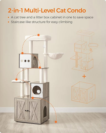 Feandrea Cat Tree with Litter Box Enclosure, 70.1-Inch Tall Cat Tower, 2-in-1 Modern Condo with Scratching Posts, Perch, Caves, Basket, Washable Cushion, Heather Greige UPCT116G01