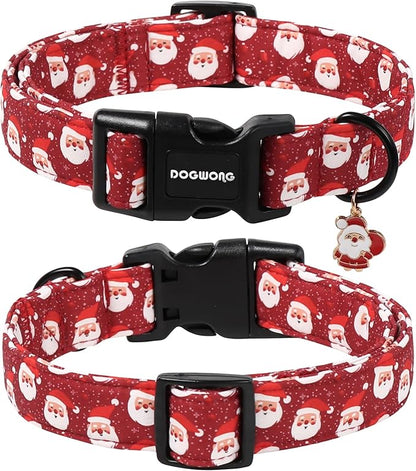 DOGWONG Christmas Dog Collar, Red Santa Claus Print Cute Dog Collars Winter Holiday Male Female Adjustable Dog Collar for Small Medium Dogs