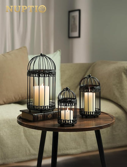 NUPTIO Decorative Bird Cages for Centerpiece: Black Vintage Bird Cage Hanging Lantern Set of 3 - Metal Birdcage Pillar Candle Holders for Halloween Party Table Fireplace Decor