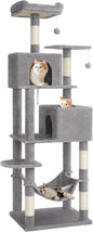 Feandrea Cat Tree, 73.2-Inch Tall Cat Tower, Plush Multi-Level Condo with 5 Scratching Posts, 2 Perches, 2 Caves, Hammock, 2 Pompoms, Light Gray UPCT191W01