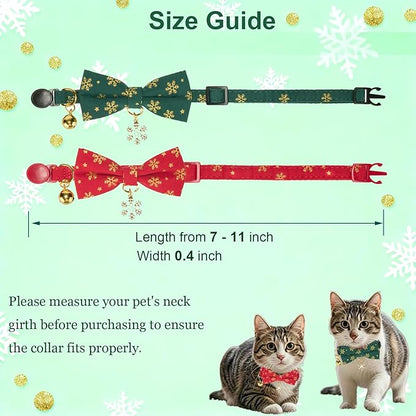 Christmas Cat Collar 2 Pack Cotton Bowtie Cat Collars Glittery Snowflakes Cute Kitten Collar(Red+Green)