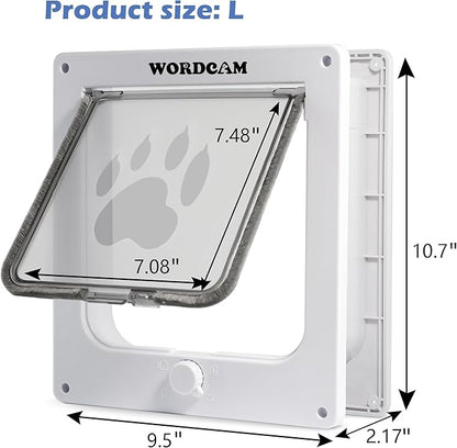 Wordcam Large Cat Door(Outer Size 10.7'' x 9.5''), Robust Cat Door for Interior Exterior Doors, Cat Flap Door with 4 Way Lock, Pet Door for Cats Kitty Kittens Doggies (White, L)