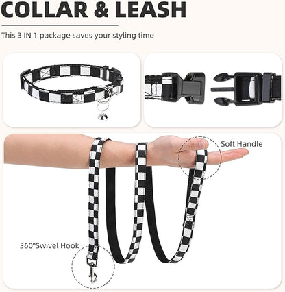 PUPTECK Adjustable Dog Harness Collar and Leash Set Step in No Pull Pet Harness for Small Medium Dogs Puppy and Cats Outdoor Walking Running, Checkered Black&White S