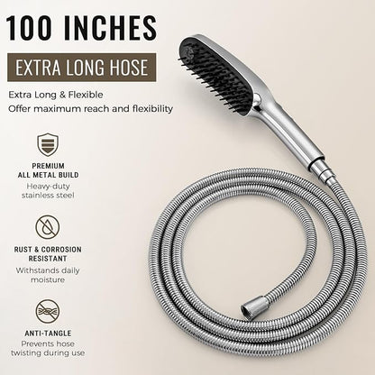 G-Promise 3 Mode Dog Shower Attachment with Pause Mode, Dog shower Sprayer with 100 Inches Hose, Metal Diverter, Adhesive Holder, for Fast and Easy Dog Bathing and Cleaning Indoor and Outdoor(Chrome)