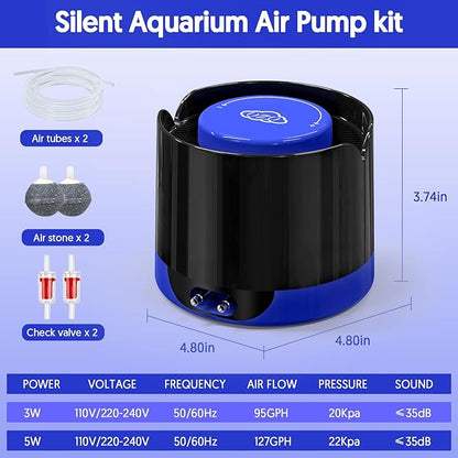 QZQ Aquarium Air Pump, Quiet Fish Tank Air Pump with Dual Outlets, 3W/5W Powerful Adjustable Oxygen Pump with Accessories, Aquarium Bubbler Aerator for Fish Tank Up to 120 Gallon (5W)