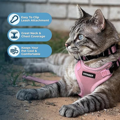 Voyager Escape-Proof Step-in Lock Cat Harness & 5ft Neoprene-Handle Leash Set All-Weather Mesh with Reflective Stitching for Small to Large Cats by Best Pet Supplies, Pink, XXS
