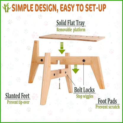 Dog Water Bowl Dispenser Stand - Elevate/Raise Automatic Dog Feeder, Food/Water Dispensers - Adjustable, Fits Various Shapes and Sizes - Natural Bamboo