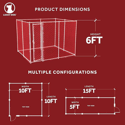 Lucky Dog 10' x 10' x 6' Heavy Duty Outdoor Welded Galvanized Steel Chain Link Dog Kennel Enclosure with 2 Configurations and Latching Door, Silver