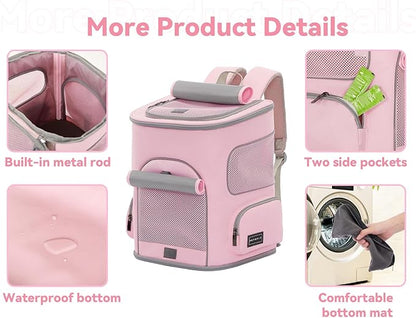PETSFIT Pet Carrier Backpack with Upgraded Waist Protection, Cat Carrier Backpack Designed for Small Dogs/Cats, Fully Ventilated Collapsible Dog Backpack for Outdoor Traveling Hiking Camping, Pink