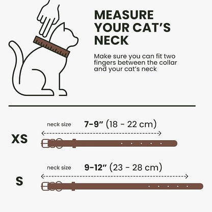 BRONZEDOG Leather Cat Collar with Removable Bells Non Breakaway Kitten QR Tag for Girl Boy (7" - 9" for Cats, Dark Brown & Silver)