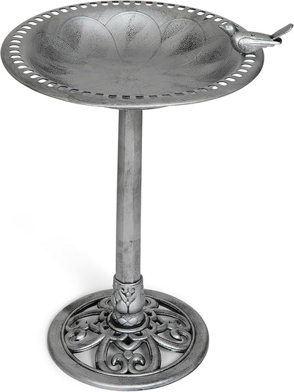 Outdoor Garden Bird Bath - Silver - Weather Resistant Polyresin - 30 Inch - Backyard Expressions