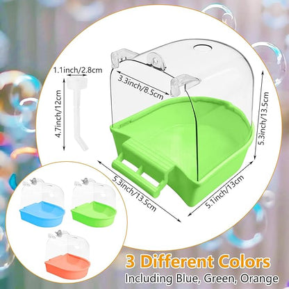 Tfwadmx 3Pcs Bird Bath for Cage Hanging Parakeet Bath Box Clear Bird Bathtub Water Shower Food Feeder Bathing Tub for Cockatiel Conure Canary Budgies