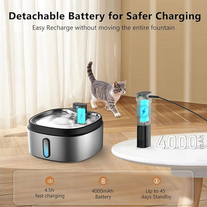 Wireless Cat/Dog Water Fountain 7L/236oz/1.8Gal, DRLWXYSJ Stainless Steel Battery Operated Cordless Automatic Pet Water Dispenser for Multi-Cats and Small to Large Dogs with Ultra Quiet Pump