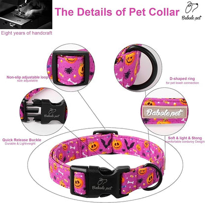 Halloween Dog Collar, Cute Pumpkin Bat Pattern Halloween Purple Puppy Collar, Soft Adjustable Cotton Dog Collars for Small Medium Large Boy&Girl Dogs XL