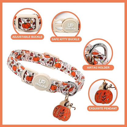 Fall Cat Collar-2Pack Autumn Kitten Collars-Halloween Breakaway Pumpkin Kitty Collars-Cute Pumpkin and Maple Leaf Pendants,Maple Leaf Cat Collar with Bell, for Girl & Boy Cats