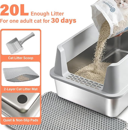 Stainless Steel Cat Litter Box with Lid, XL Metal Litter Box, Extra Large Litterbox for Big Cats, High Sided | Easy Cleaning | Odor-Free Includes Scoop and Mat