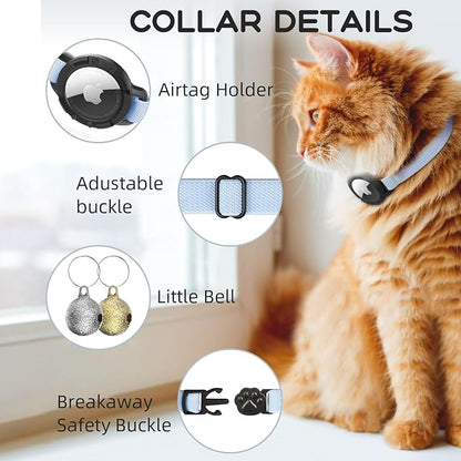 AirTag Cat Collars, Stretchy Collar with Apple AirTag Holder and Bell, Breakaway Ultra Design Elastic GPS Tracking Collars for Cats and Puppies, (7.5-12.5 Inch), Blue