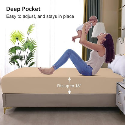 ohano Waterproof Mattress Protector Full, Fitted Sheet Style Breathable Mattress Cover with Deep Pocket Up to 18'', Noiseless Bed Cover for Kids Adults Pets, Machine Washable(Light Tan, 54'' X 76'')