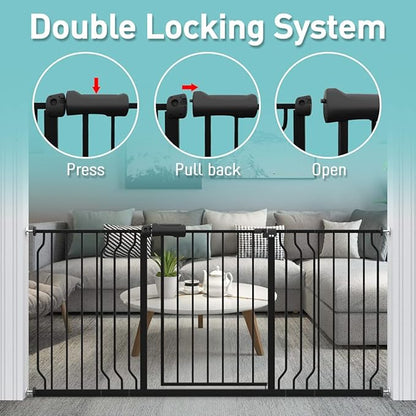 WAOWAO Baby Gate 57.48-62.20" Extra Wide Pressure Mounted Walk Through Swing Auto Close Safety Black Metal Toddler Kids Child Dog Pet Puppy for Stairs,Doorways,Kitchen