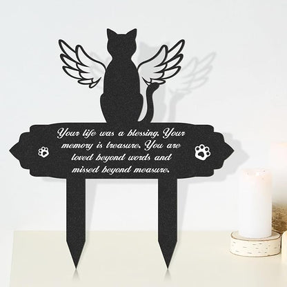 Cat Memorial Decorations - Garden Stakes Markers with Angel Wings, Waterproof Metal Plaques for Cemetery, Cat Grave Decor