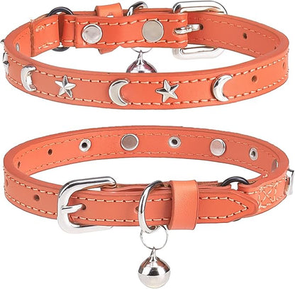 Leather Cat Collars for Boy Girl Cats with Bell and Safety Elastic Belt, Personalized Star and Moon Stud Adjustable Safe Buckle Collar for Kitty Small Big Cats Size 7-9 Inch, Orange