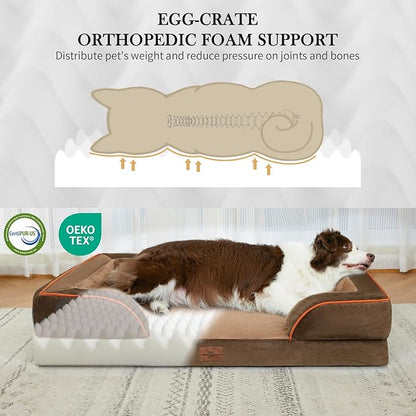 Comfort Expression Orthopedic Dog Bed for Large Dogs 36x27 Inch, Waterproof Supportive Egg Crate Foam Large Pet Bed with Removable Bolsters, Dog Couch with Washable Cover & Non-Slip Bottom, Brown