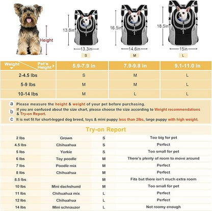 WOYYHO Pet Dog Carrier Backpack Small Dog Front Backpack Ventilated Dog Carrier Back Pack with Storage Pockets, Adjustable Straps & Safety Belt for Travel Hiking Outdoor (Size L: 10-14 lbs, Gray)