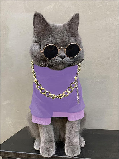 QWINEE 3Pcs Dog Hoodie Cat Apparel Dog Custume Set with Necklace and Sunglasses Pet Clothes for Puppy Small Medium Dogs Cats Mauve Purple XX-Small
