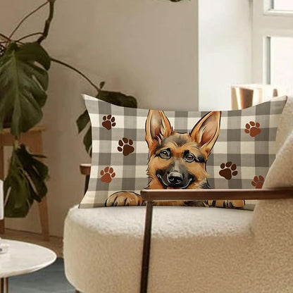 German Shepherd Dog Lumbar Decorative Throw Pillow Cover 12x20, Rectangular Paw Prints Outdoor Home Decor Pet Owner Lover Gift, Farmhouse Buffalo Plaid Sofa Couch Cushion Case Housewarming Gifts