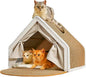 Cat Houses for Indoor Cats - 4 Seasons Cat Bed Cave with Natural Sisal Cat Scratcher Mat, Solid Wood Frame Cat House with Curtains and Cat Floor Scratching Pad Rug, Protect Couch and Carpets, M
